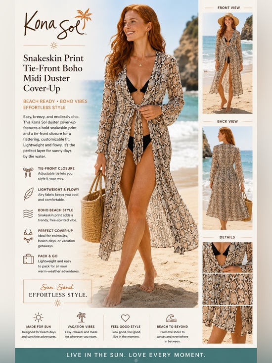 Kona Sol Other - Kona Sol Snakeskin Print Tie-Front Boho Midi Duster Cover-Up